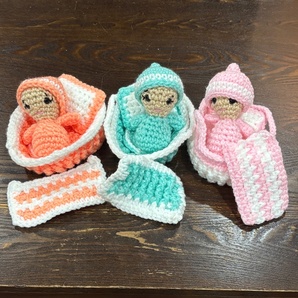 Handmade Crochet Baby Doll Set in Pink, Aqua, and Coral